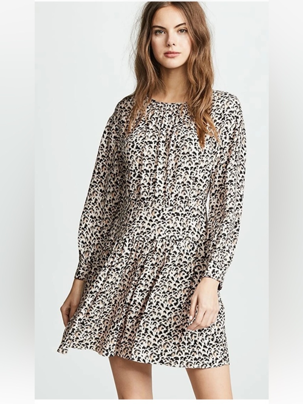 Rebecca Taylor Cream and Black Animal Print Long-Sleeve Silk Mini Dress